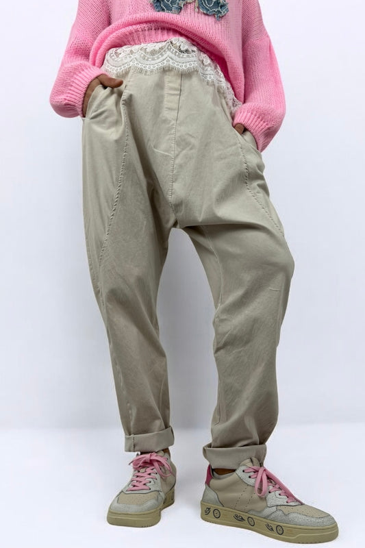 Hose mit elastischem Bund & Kordelzug-Beige