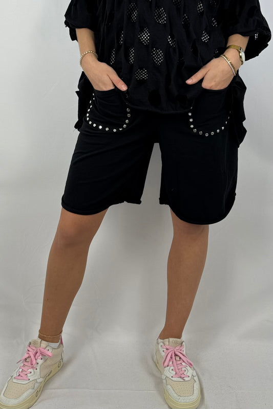 Baumwoll-Shorts mit Nieten-Details-Schwarz