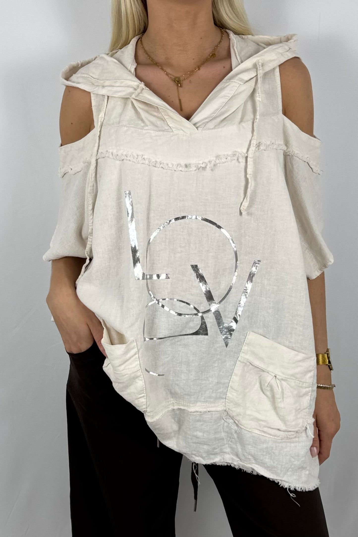 Leinen-Top mit Kapuze & LOVE-Print-Beige
