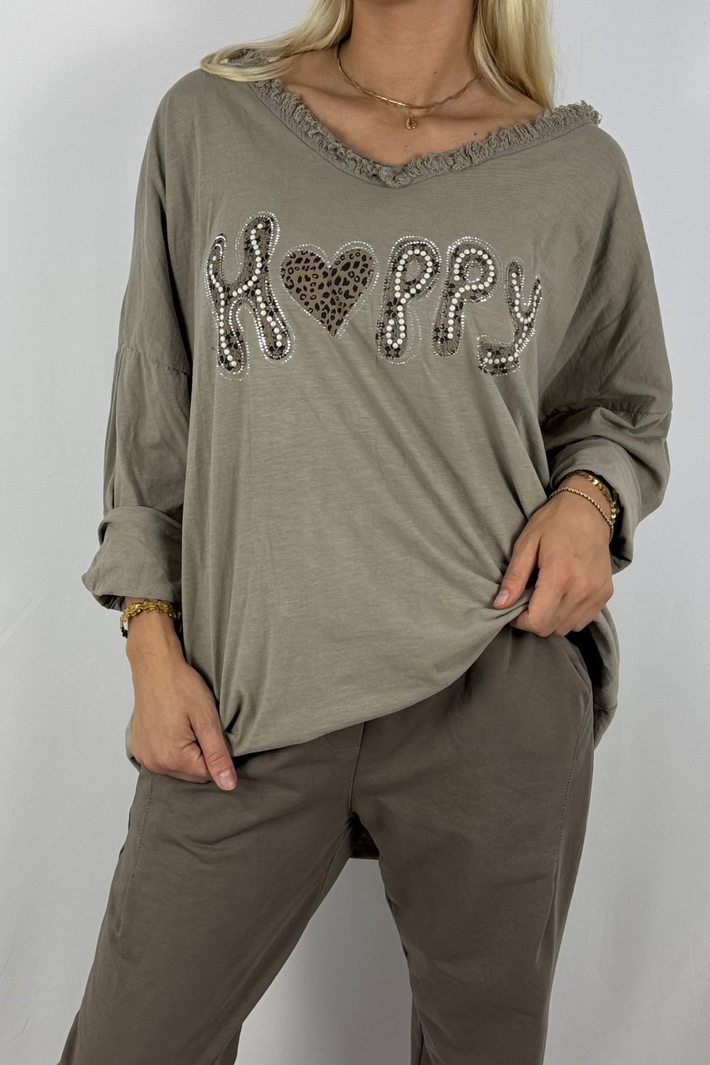 Damen Oversize Shirt – Happy Print-Mud