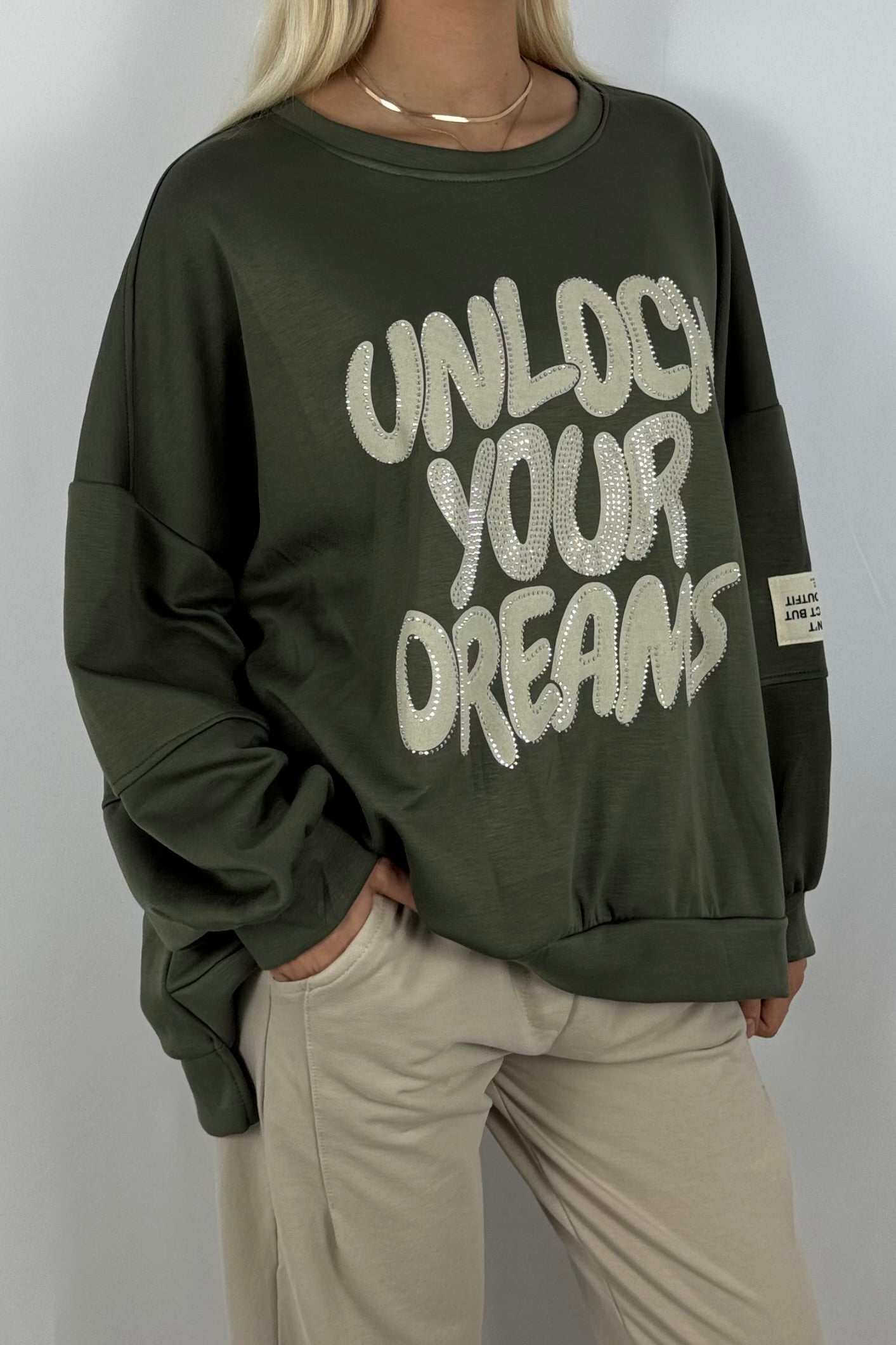 Damen Oversize Sweatshirt – Unlock Your Dreams-Khaki