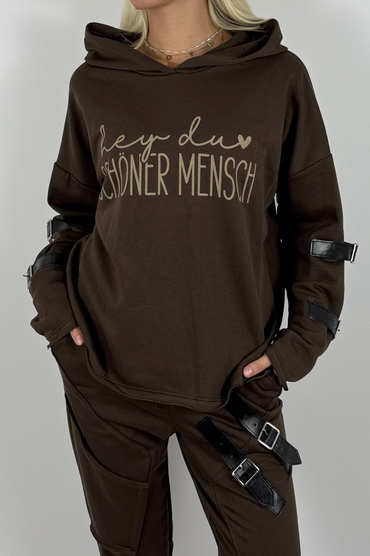 Oversize Hoodie „Hey du schöner Mensch“ mit Kapuze – Schoko