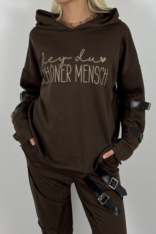 Oversize Hoodie „Hey du schöner Mensch“ mit Kapuze – Schoko
