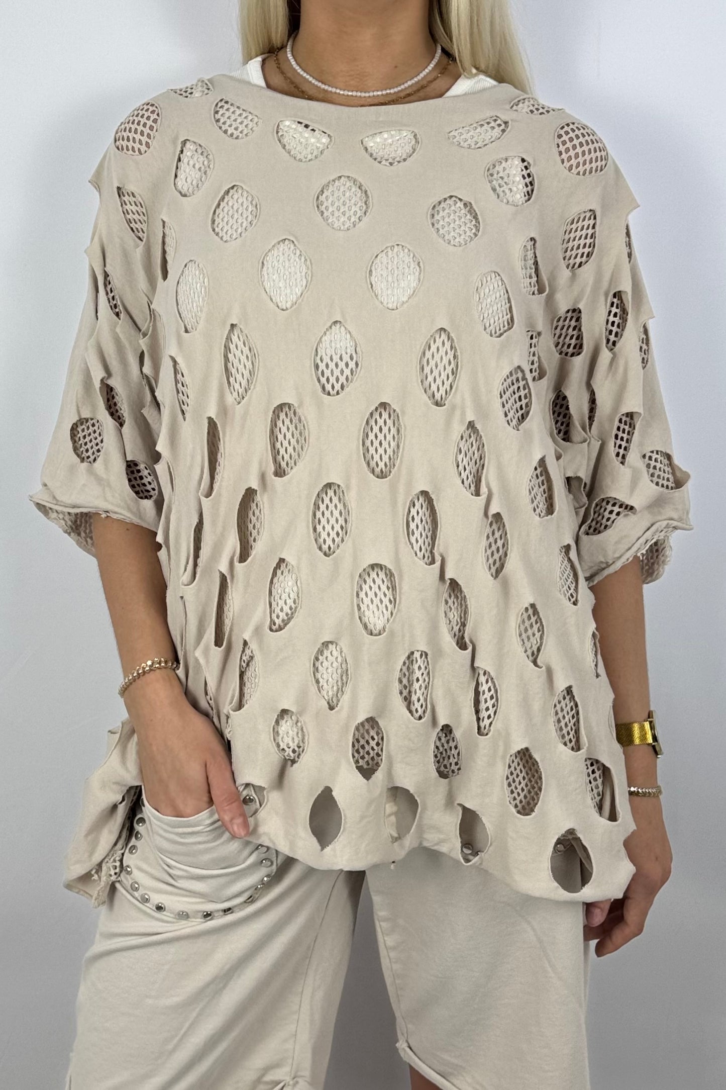 Oversize-Netzshirt aus Baumwolle-Beige