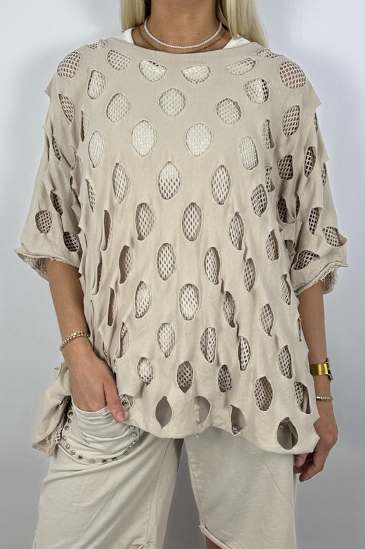 Oversize-Netzshirt aus Baumwolle-Beige