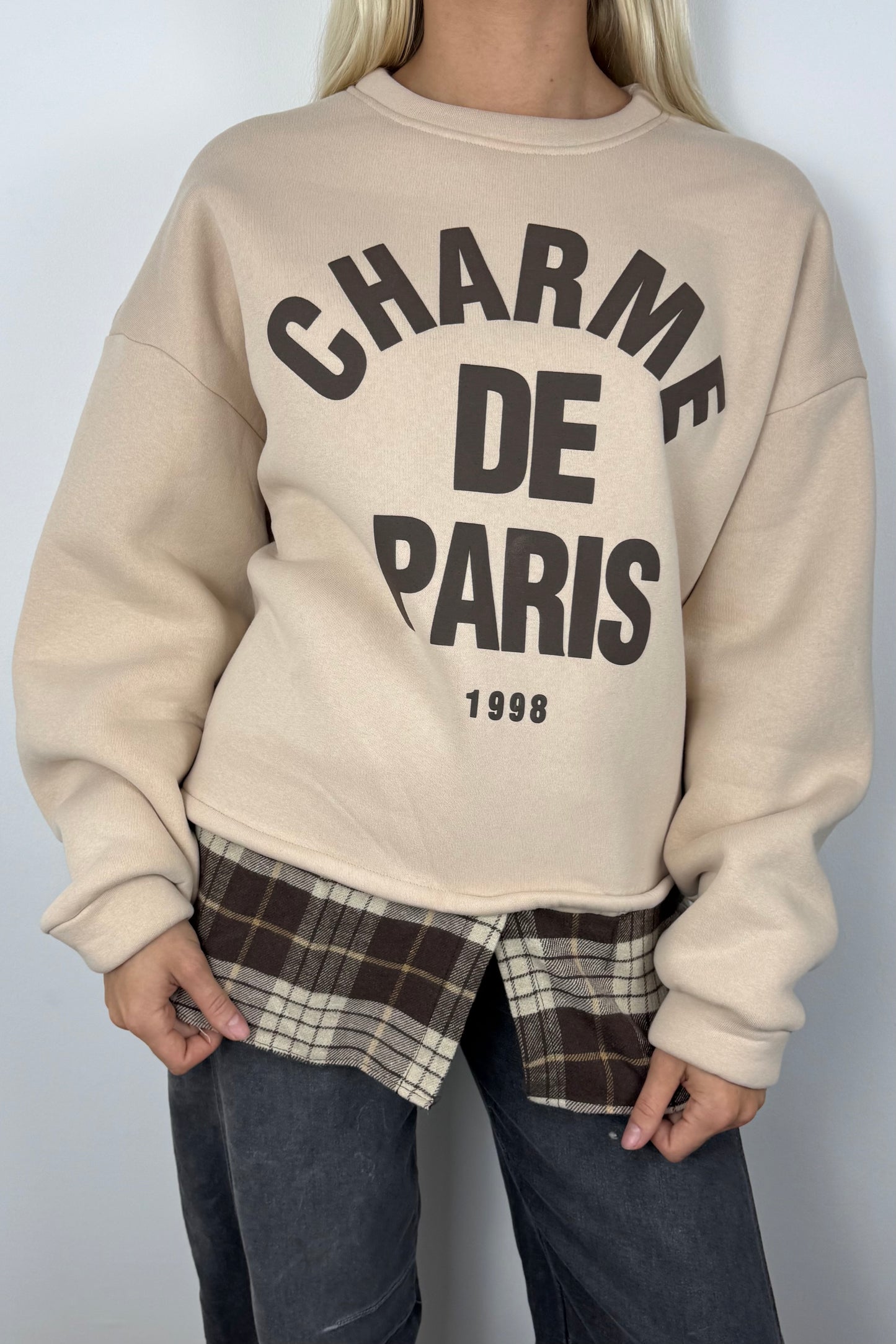 Sweatshirt mit „Charme de Paris“ Print und Karodetail-Beige