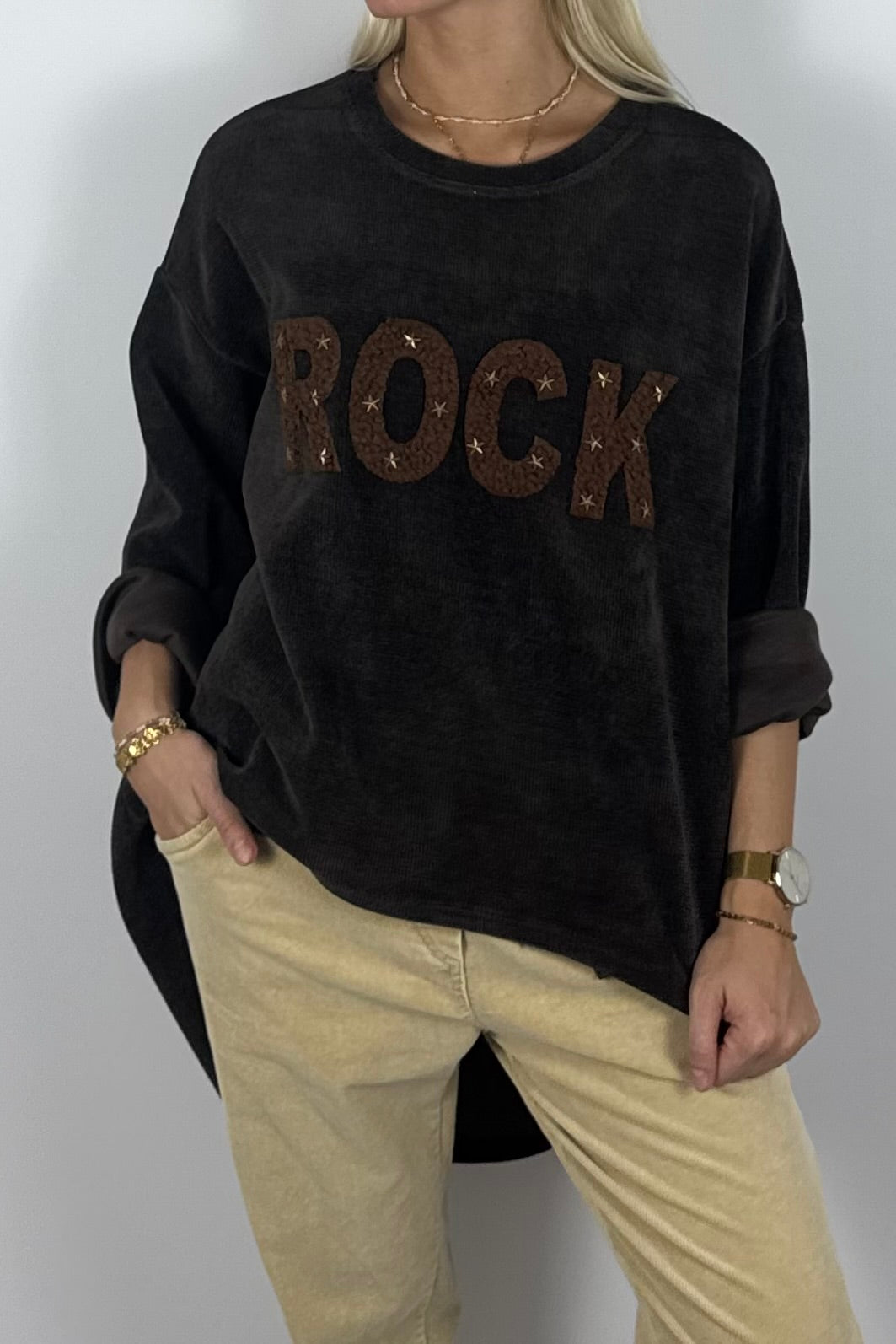 Damen Oversize Sweatshirt „ROCK“ –Schoko