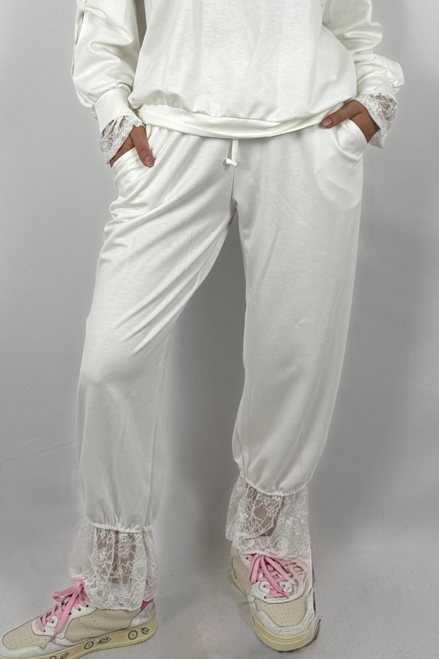 Damen Hose mit Spitze – Oversize-Weiß
