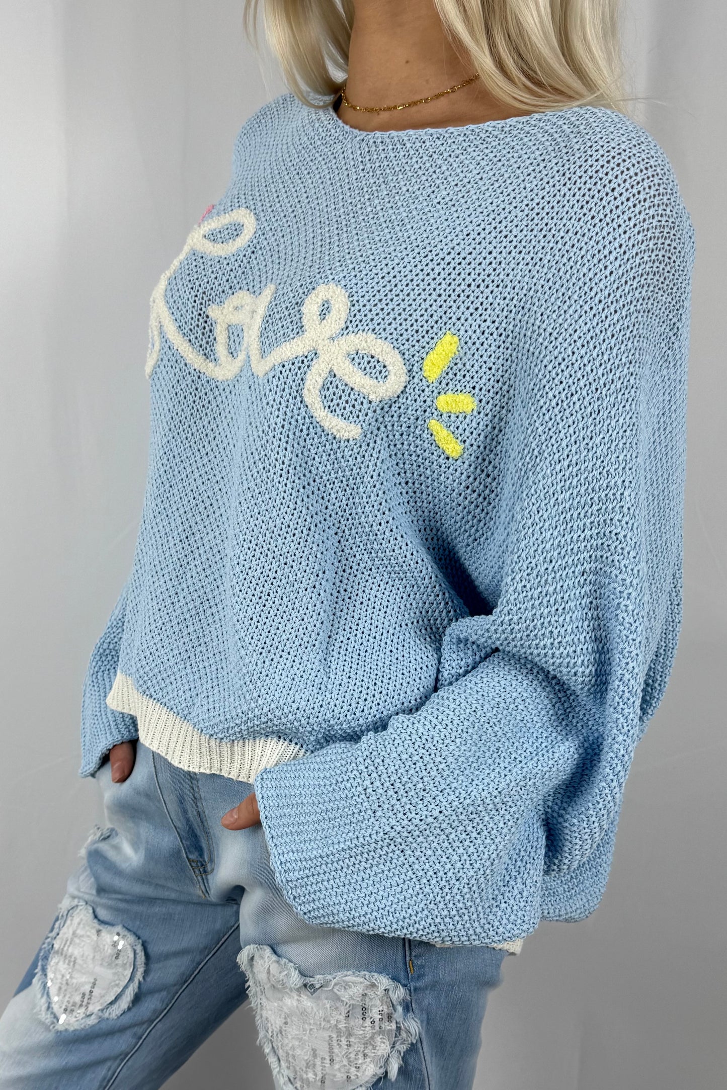 Damen Strickpullover „Love“ Oversize-Hellblau