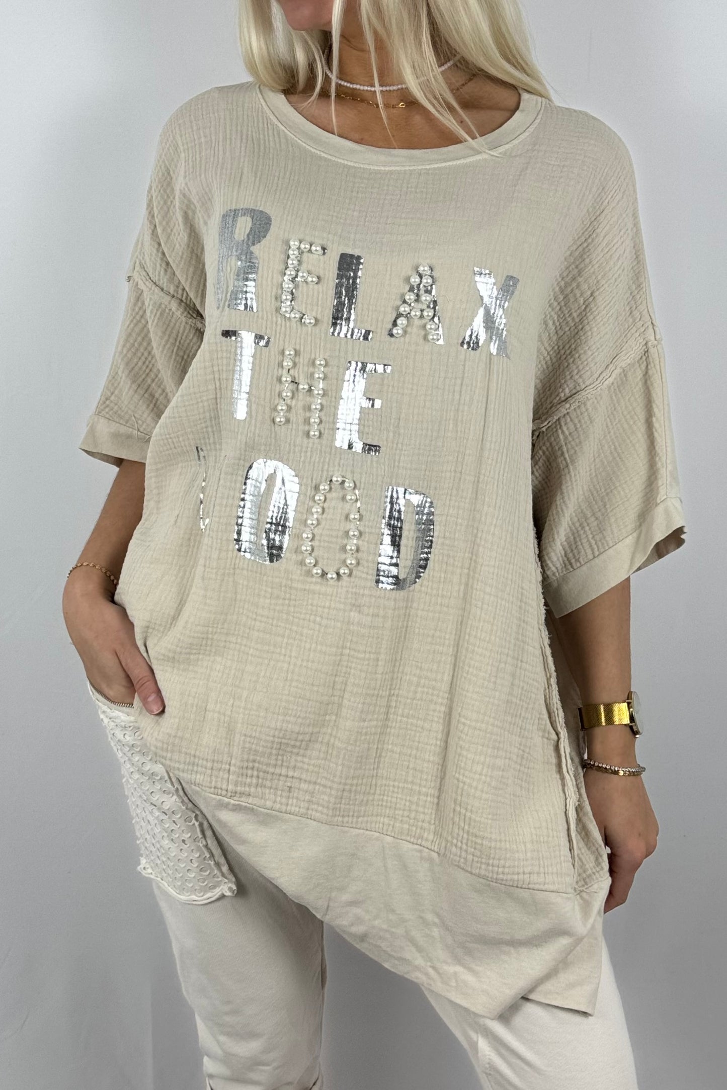 Oversize-Shirt „Relax The Mood“ aus Musselin-Beige