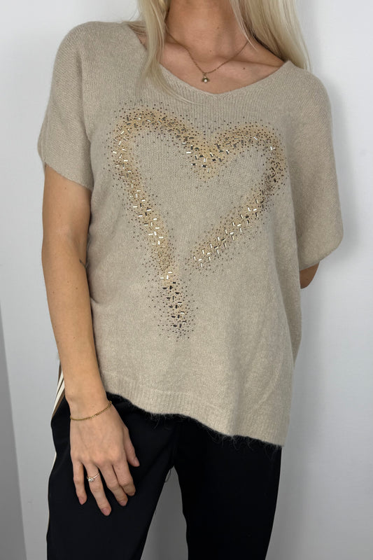 Pullover mit Herz-Design und Strassdetails –Beige
