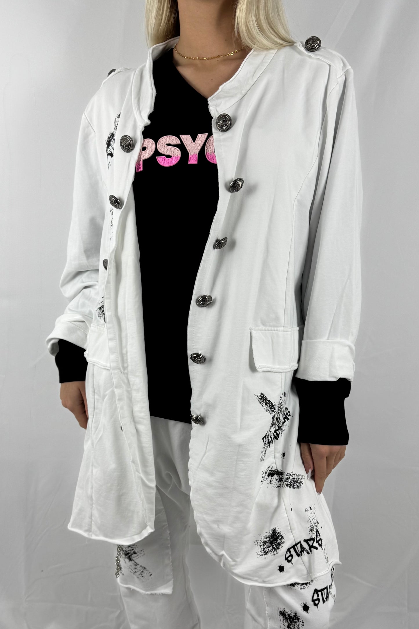 Lässiger Mantel mit Print & Knopfleiste –weiß