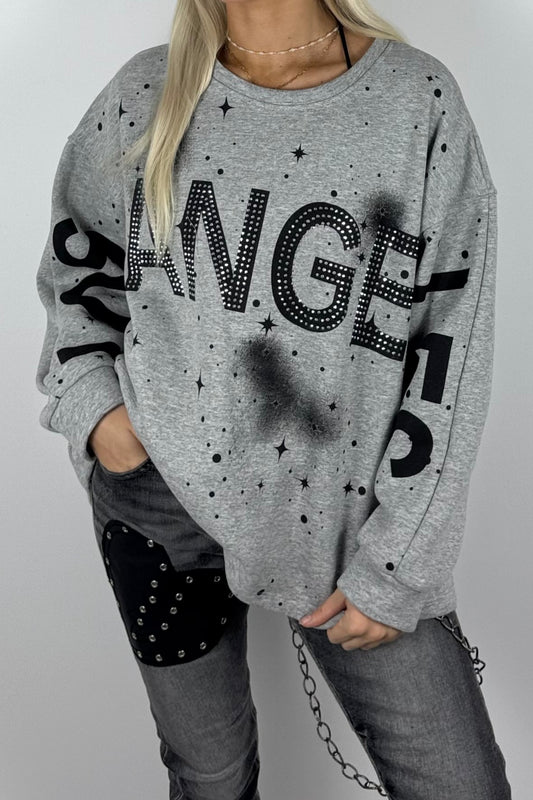 Damen-Sweatshirt mit „Los Angeles“-Schriftzug und Glitzersteinen - grau