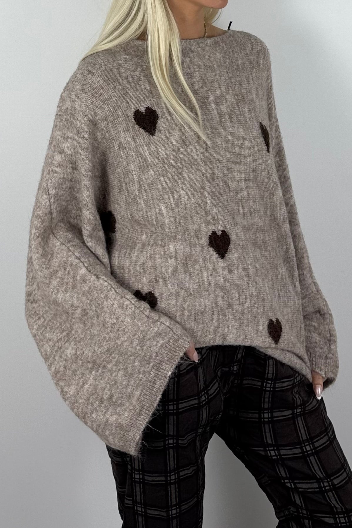 Damen Oversize-Strickpullover mit Herzmuster-Mud