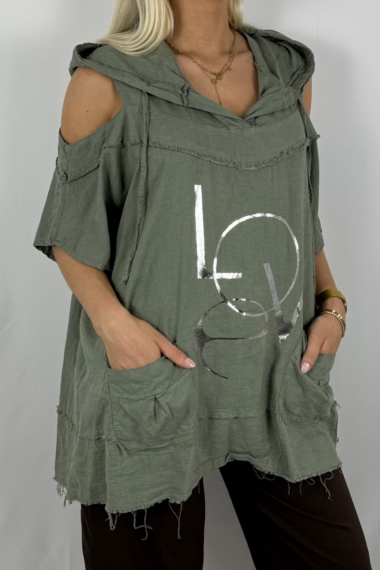 Leinen-Top mit Kapuze & LOVE-Print-Khaki