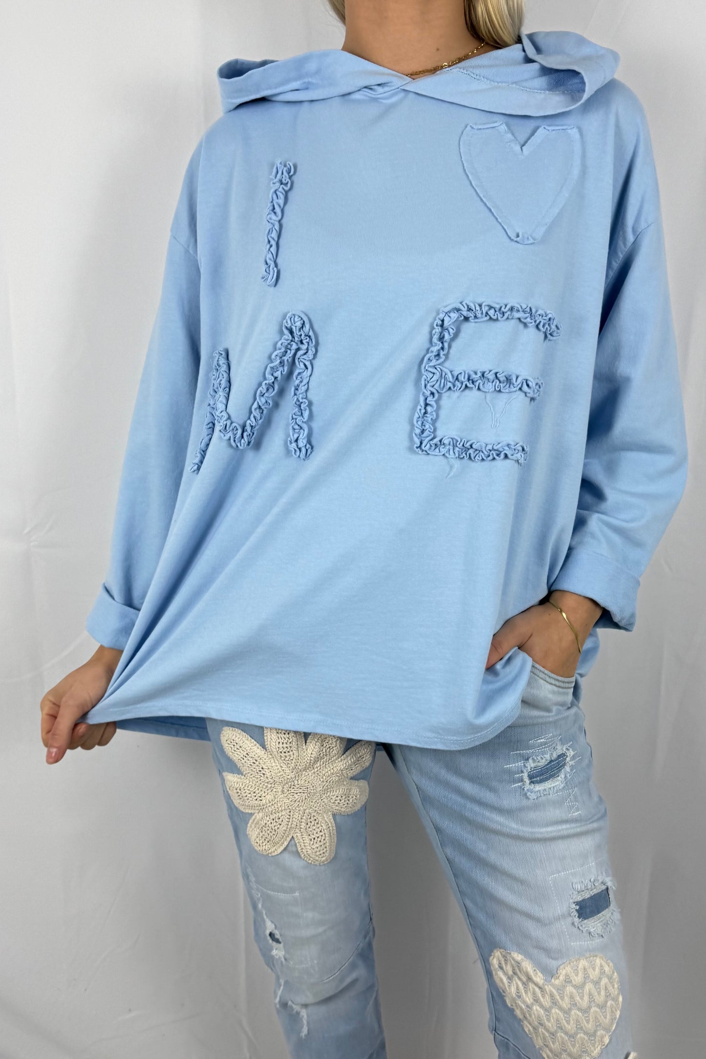 Damen Hoodie „I Love Me“ mit Schriftzug-Hellblau