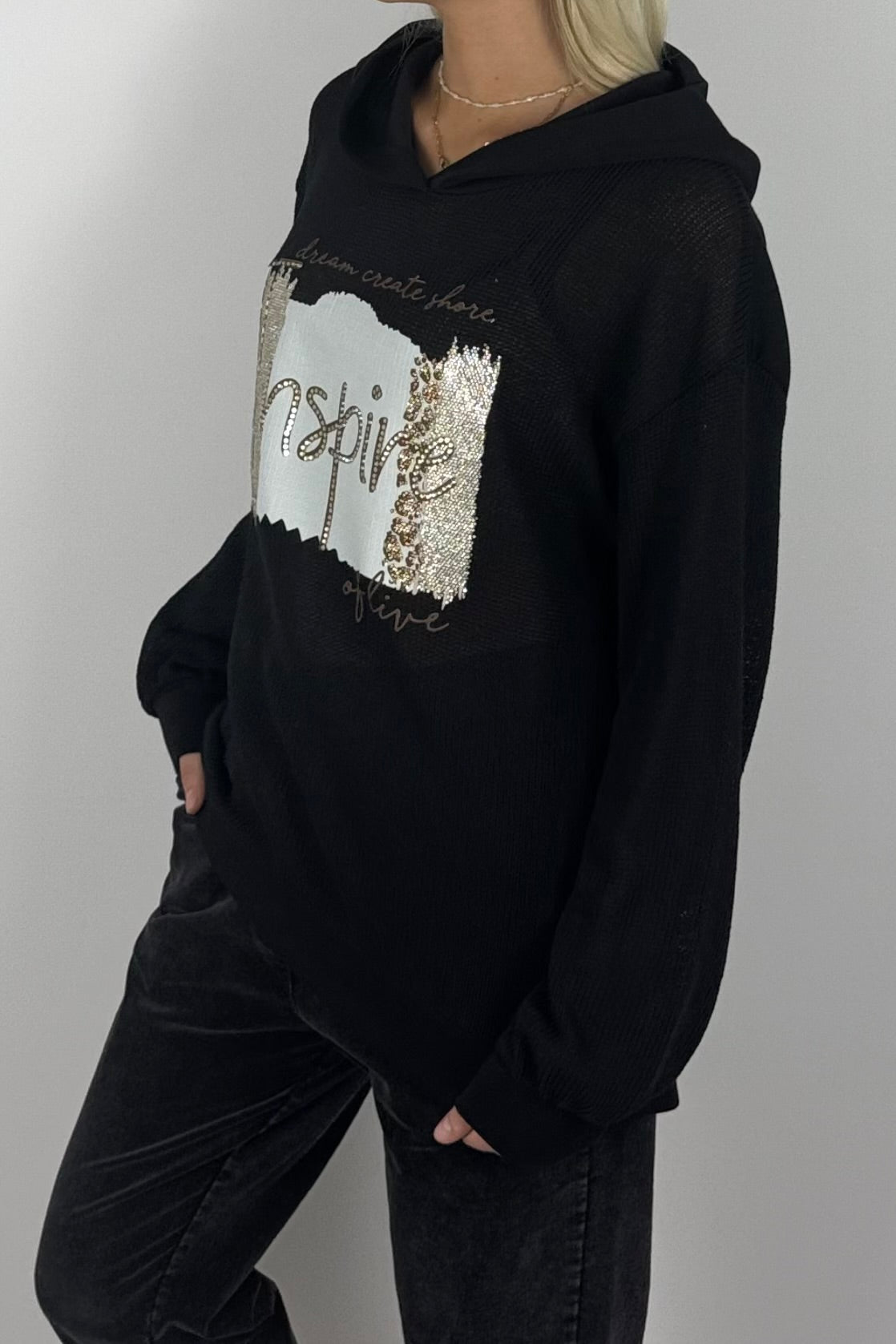 Damen Pullover mit Kapuze & Inspire-Print – Schwarz