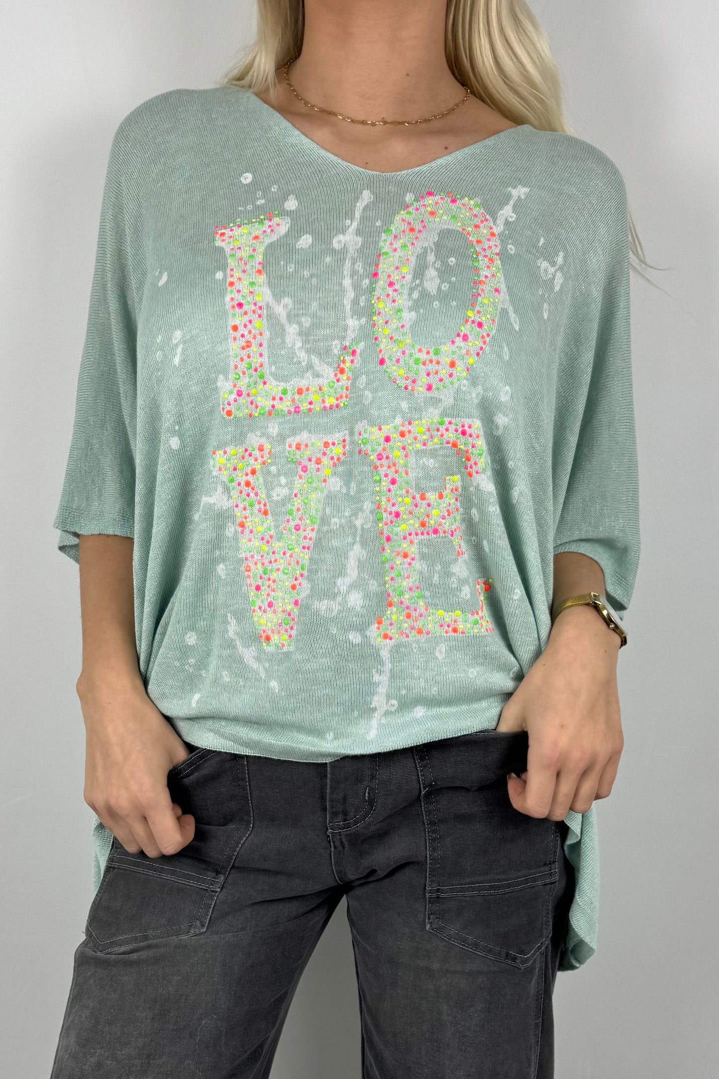 Strickshirt LOVE mit Strass Details Damen-Mint