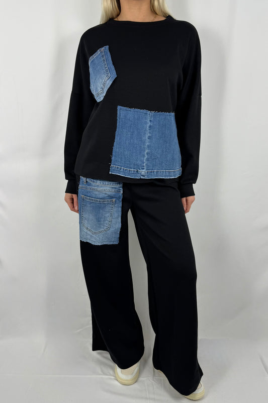 Damen Zweiteiler Set mit Denim Patch Details-Schwarz