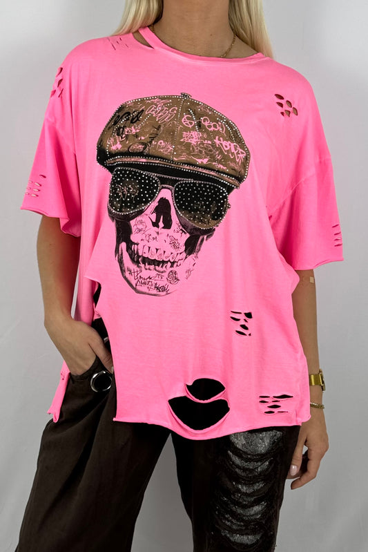Oversize Shirt mit Skull-Print & Destroyed-Look-Neon Pink