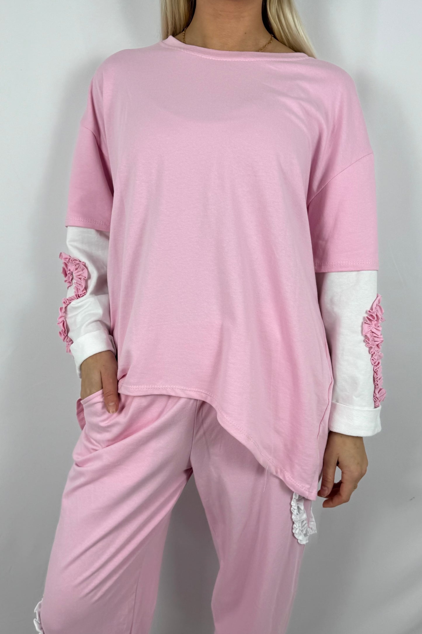 Damen Shirt mit Herz Applikation an den Ärmeln-Rosa