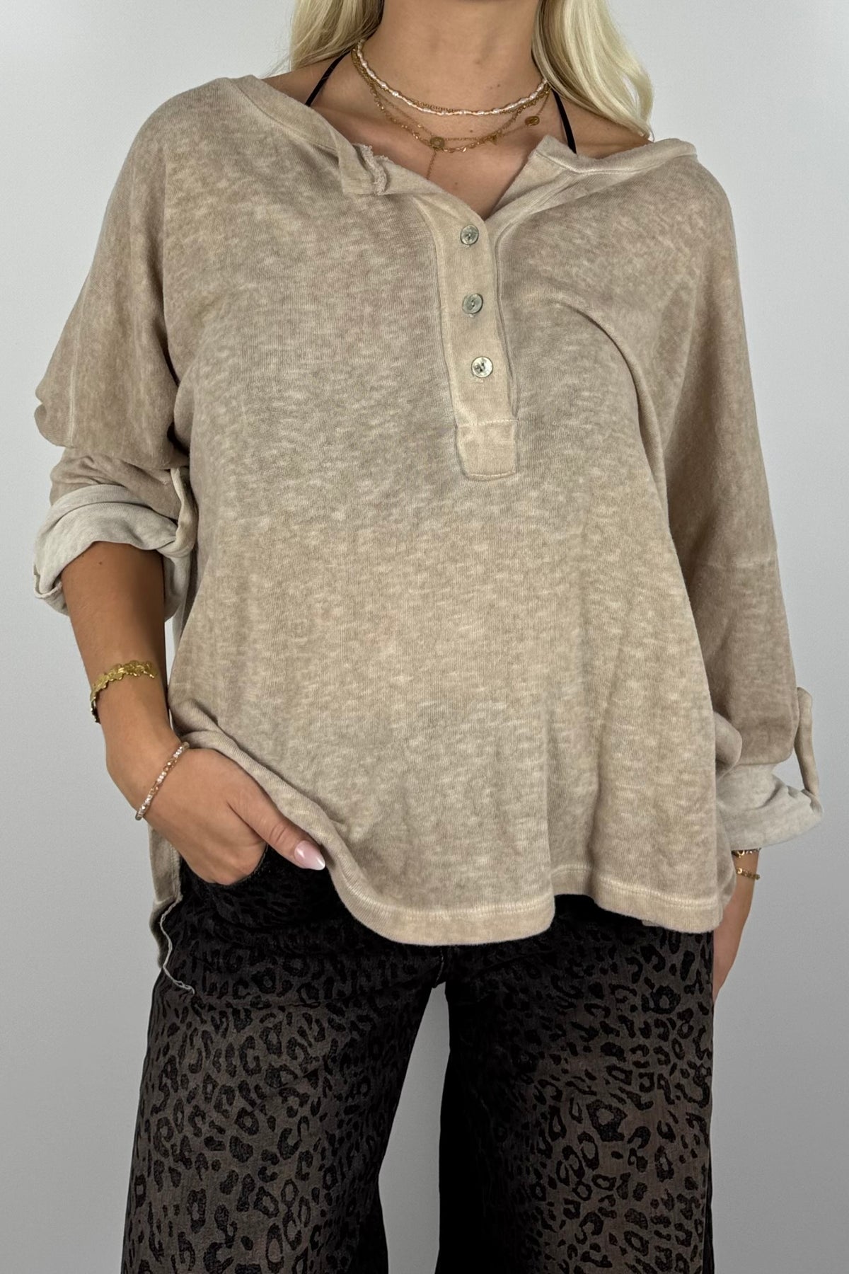 Oversize Shirt mit Knopfleiste-Beige
