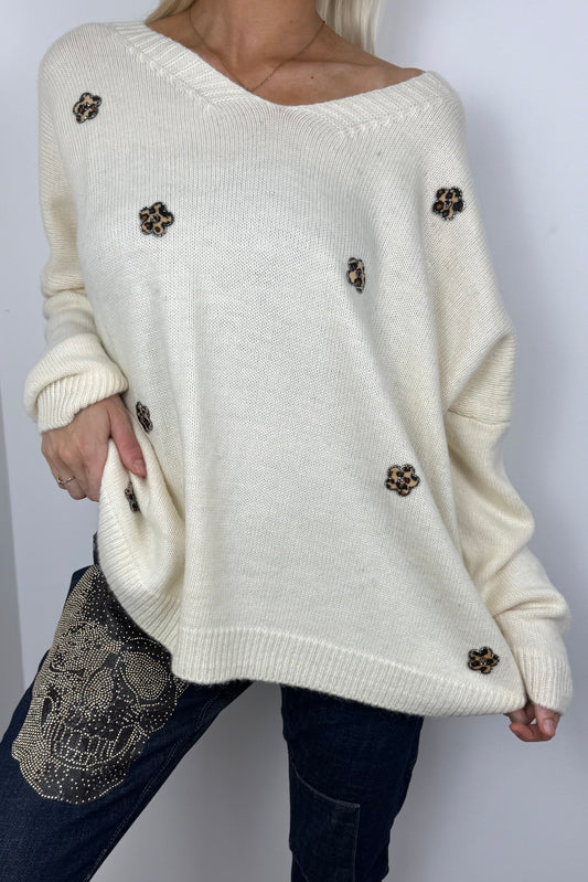 Strickshirt mit Blumen-Details-Weiß