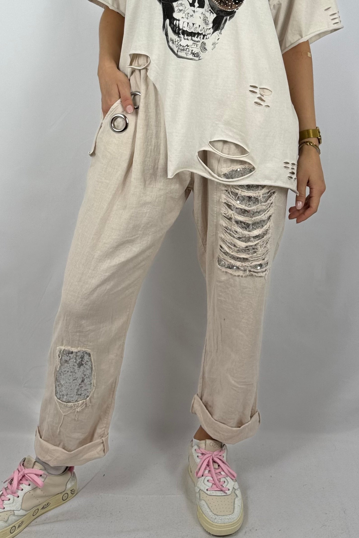 Leinen-Viskose Hose mit Pailletten-Details-Beige