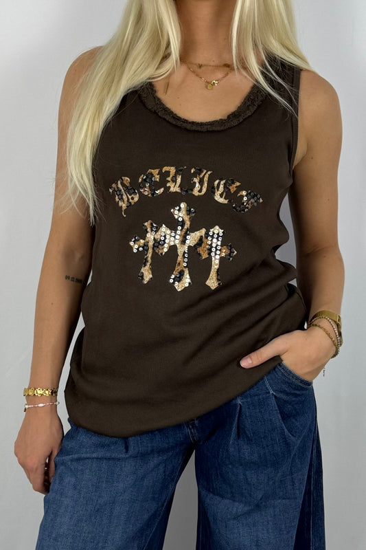Damen Top mit Leo-Print & Pailletten-Schoko