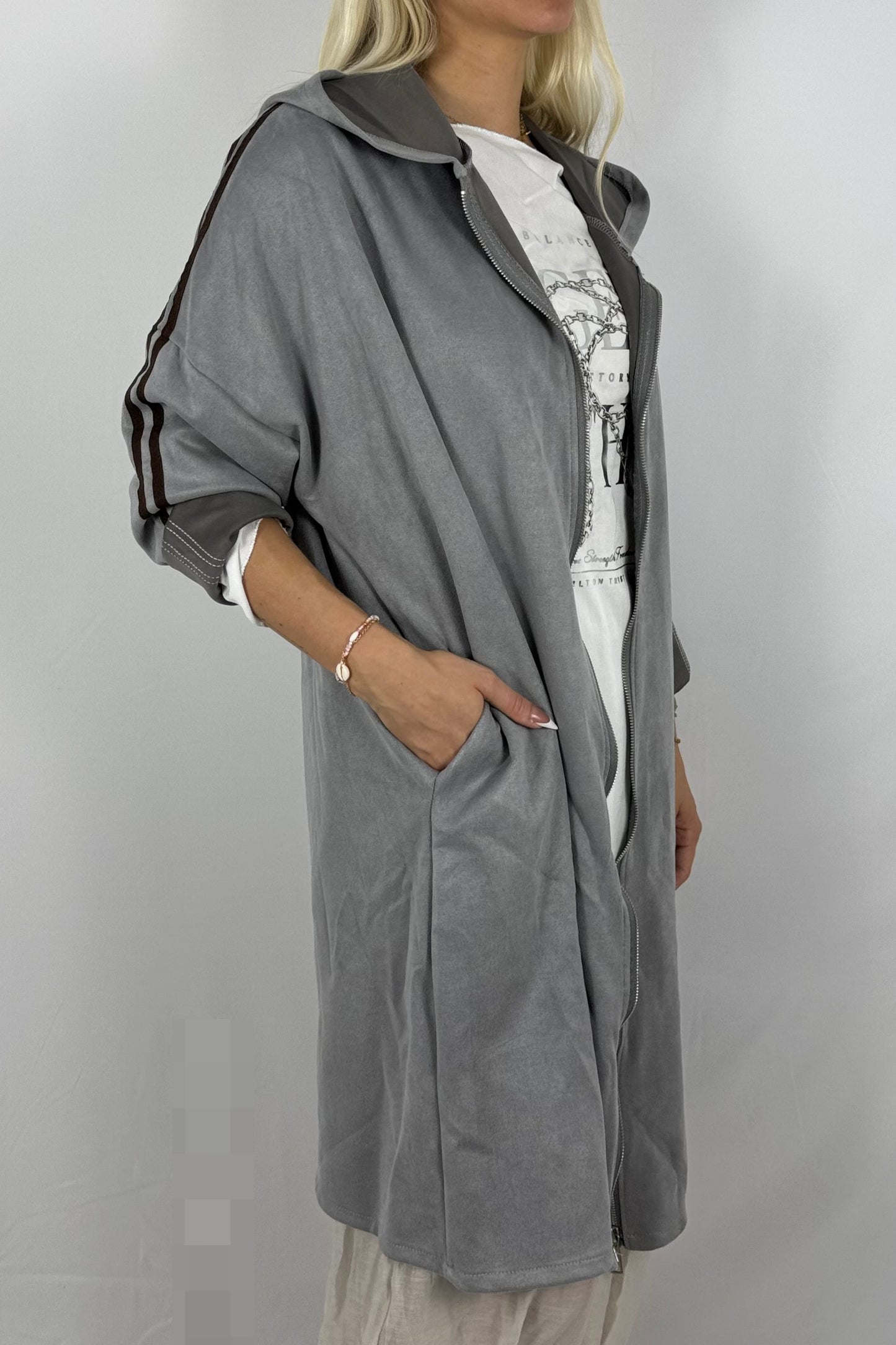 Lässige Longjacke in Velours-Optik mit Kapuze-grau