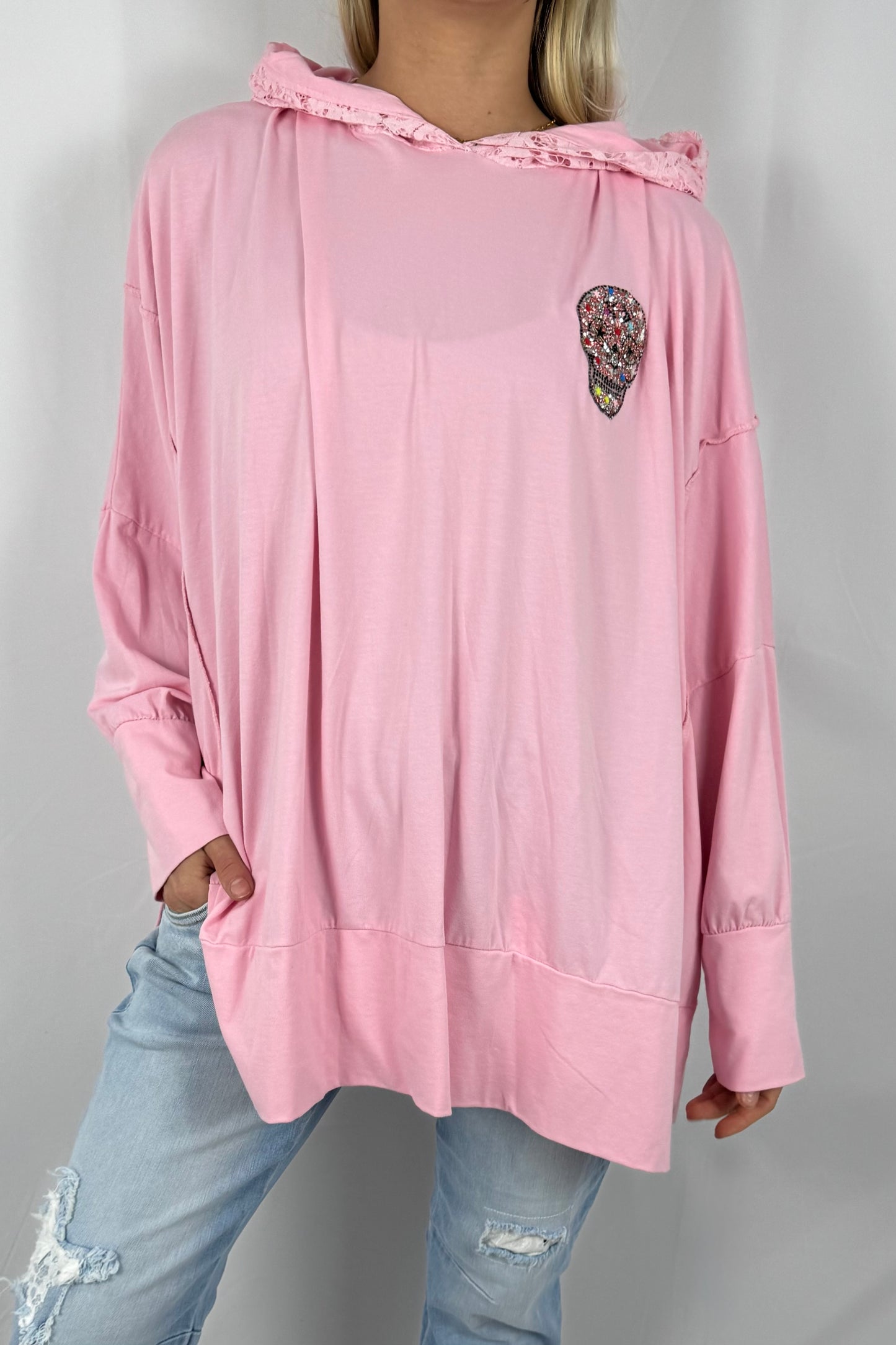 Damen Hoodie mit Strass Totenkopf-Rosa
