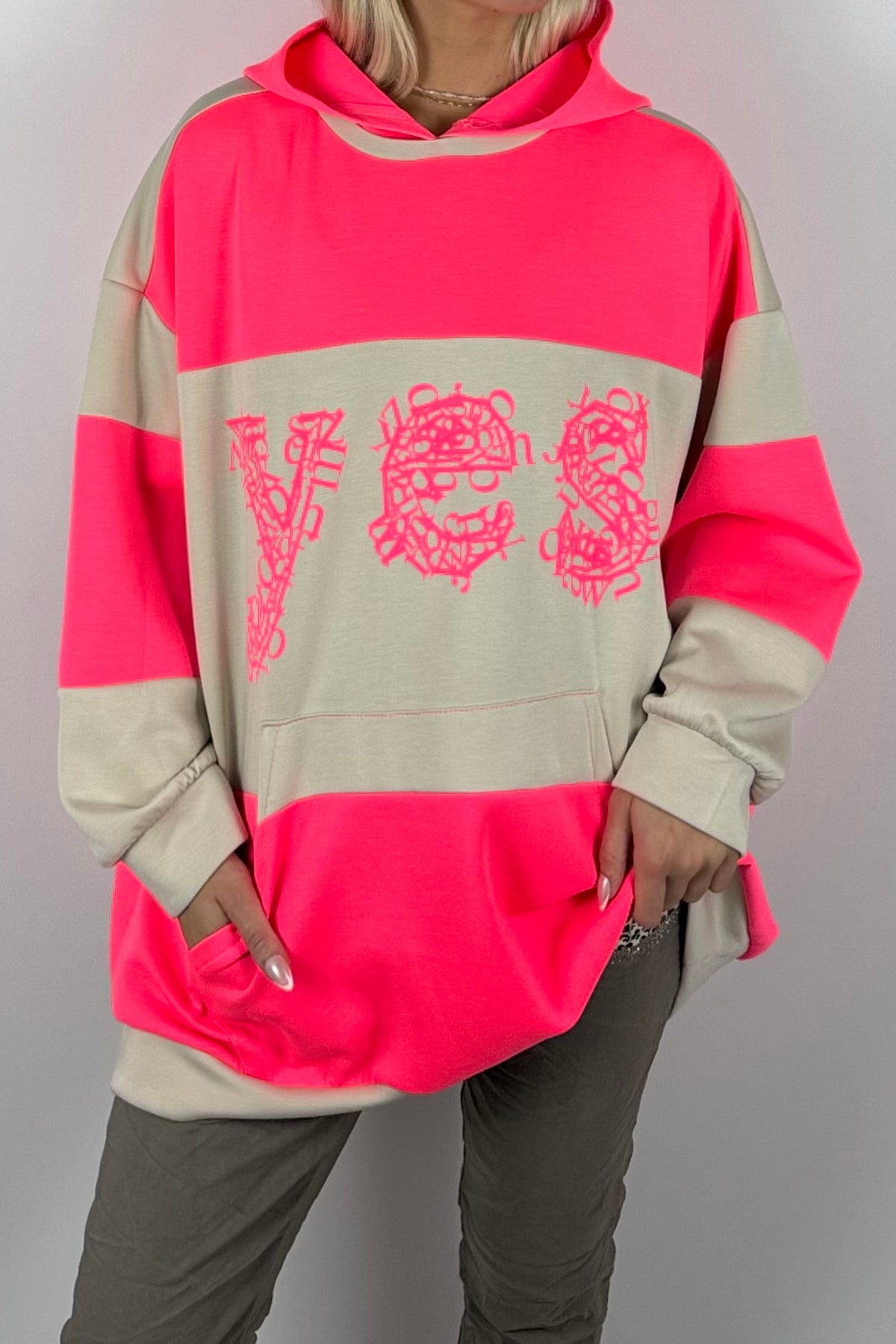 Damen Oversize-Hoodie mit Statement-Print-Neon Pink