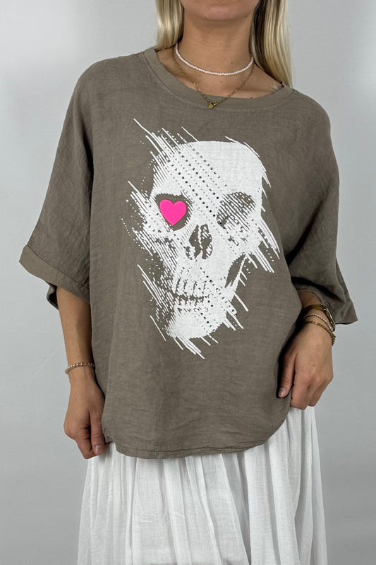 Oversize Shirt mit Skull & Herz Print – Leinenmix-Mud