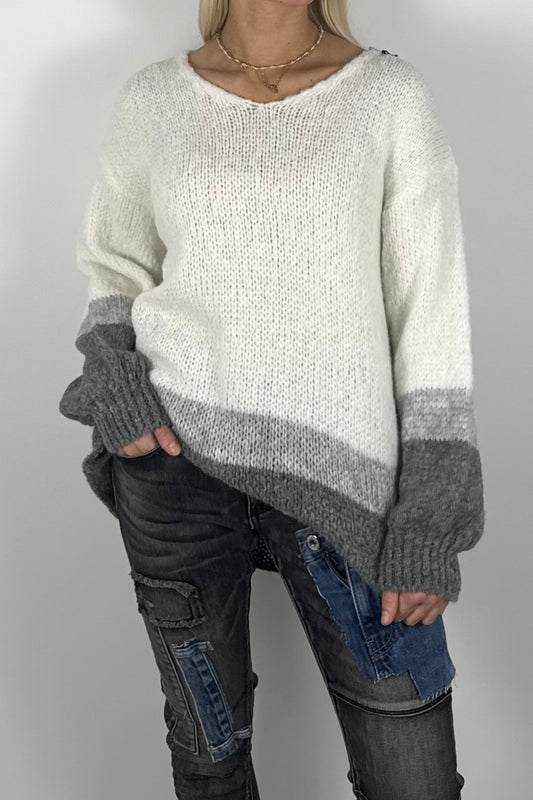 Damen Oversize Strickpullover mit V-Ausschnitt – Weiß