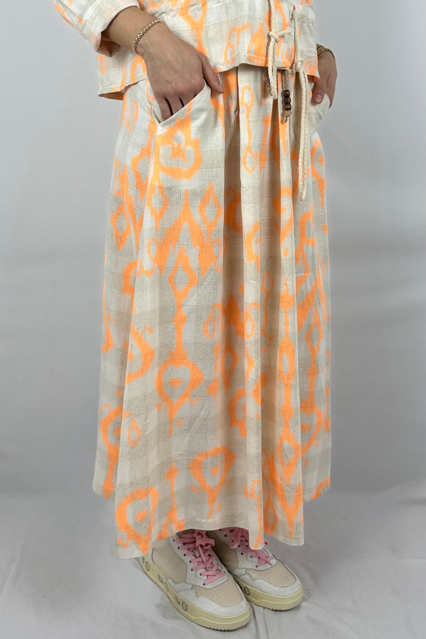 Boho Rock mit Print – Leinen/Viskose-Neon Orange