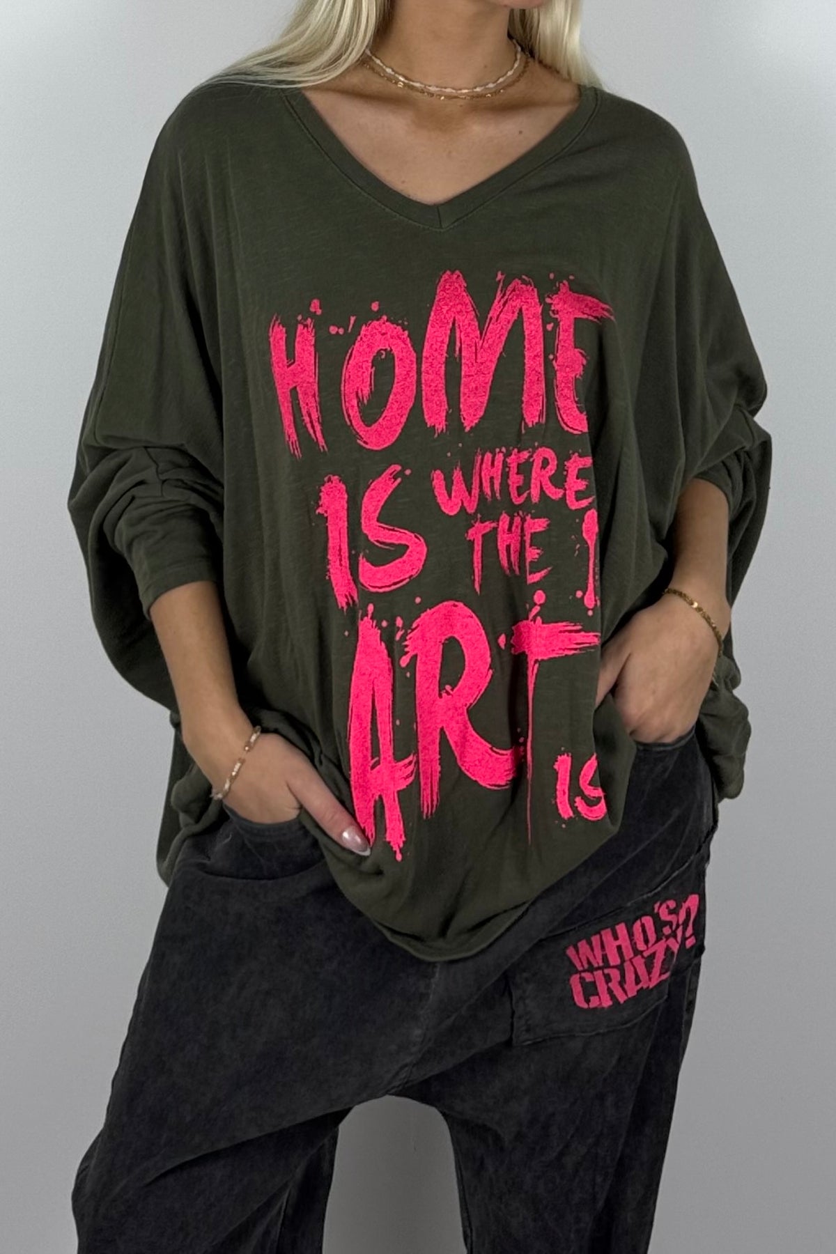 Damen Oversize-Shirt mit Statement-Print-Khaki