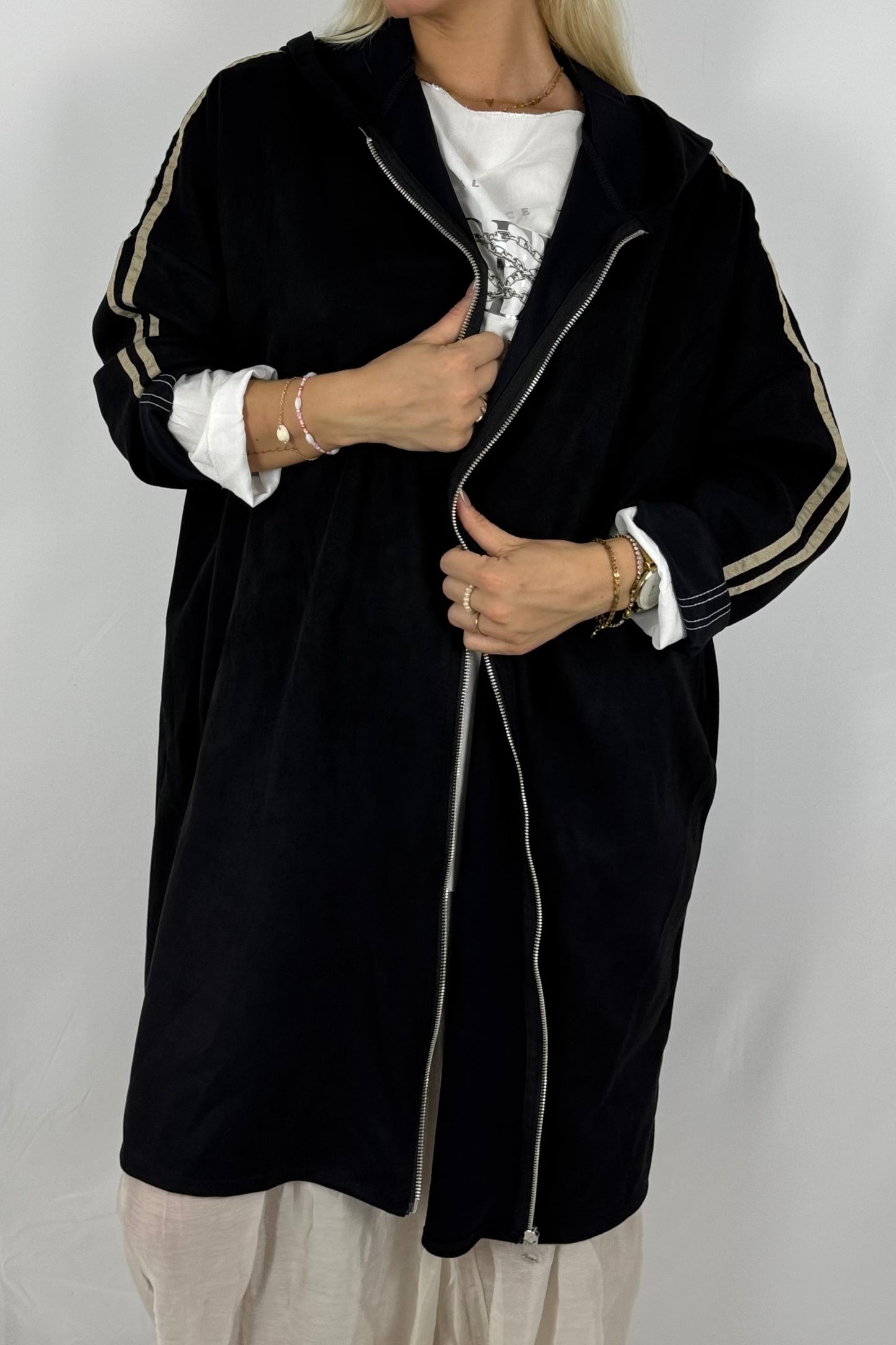 Lässige Longjacke in Velours-Optik mit Kapuze-Schwarz