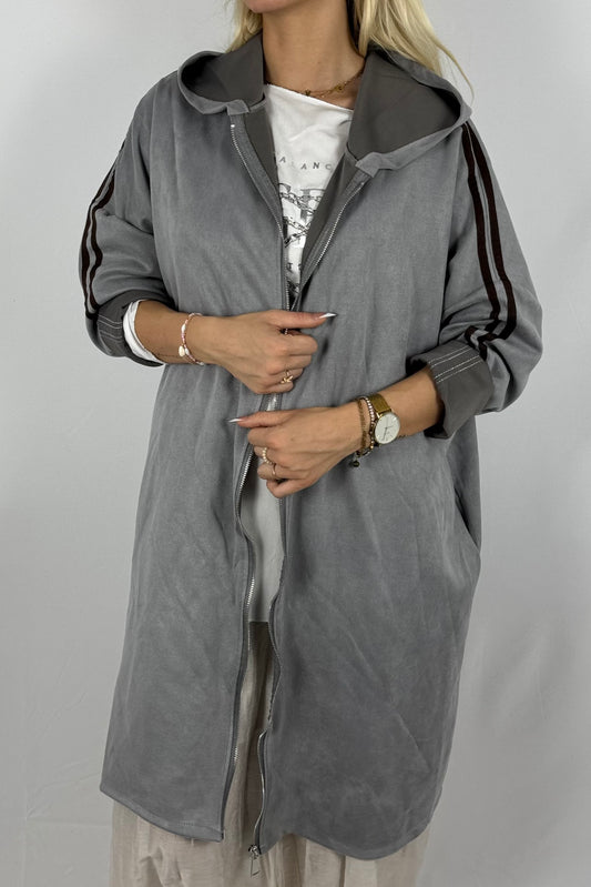 Lässige Longjacke in Velours-Optik mit Kapuze-grau