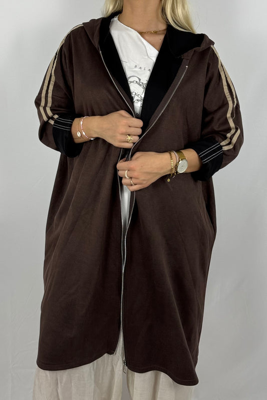 Lässige Longjacke in Velours-Optik mit Kapuze-Schoko