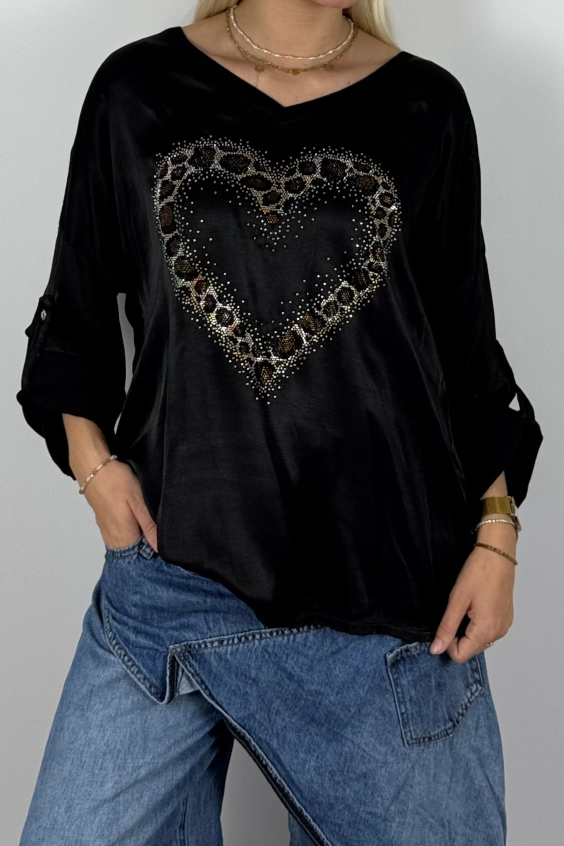 Damen Oversize Shirt mit Herz & Glitzer – Schwarz