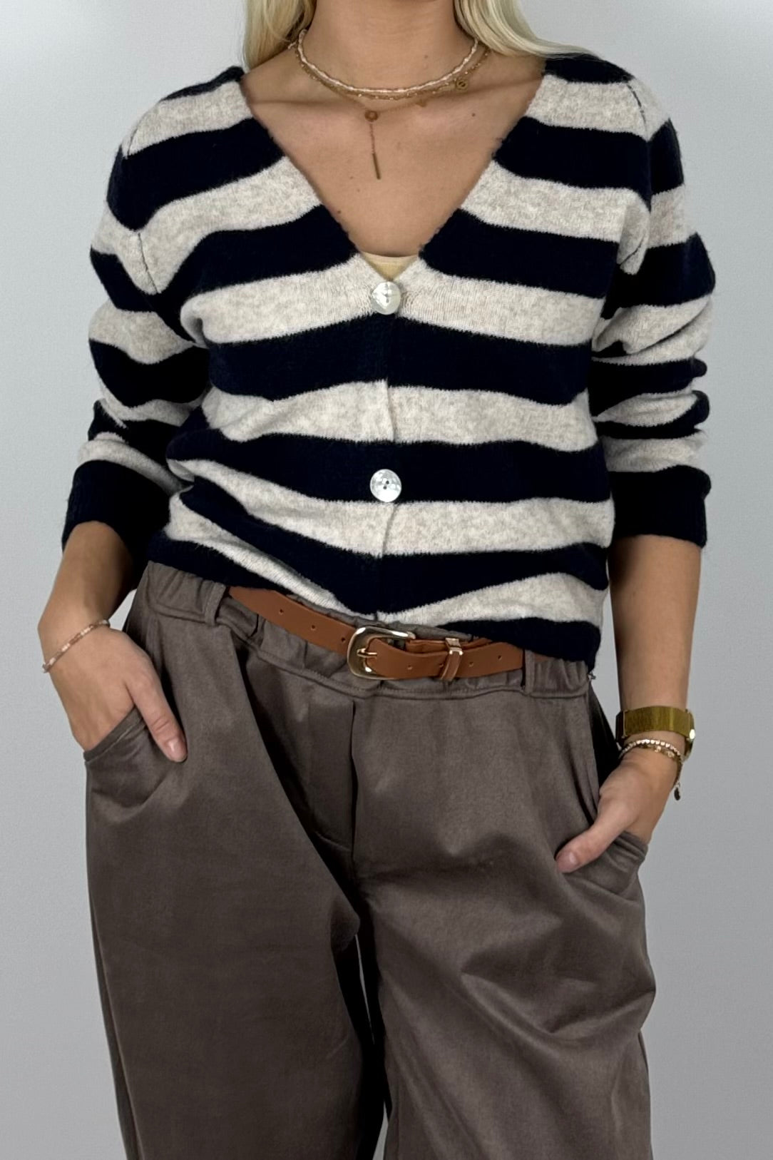 Damen Strickjacke gestreift mit Knöpfen – Navy