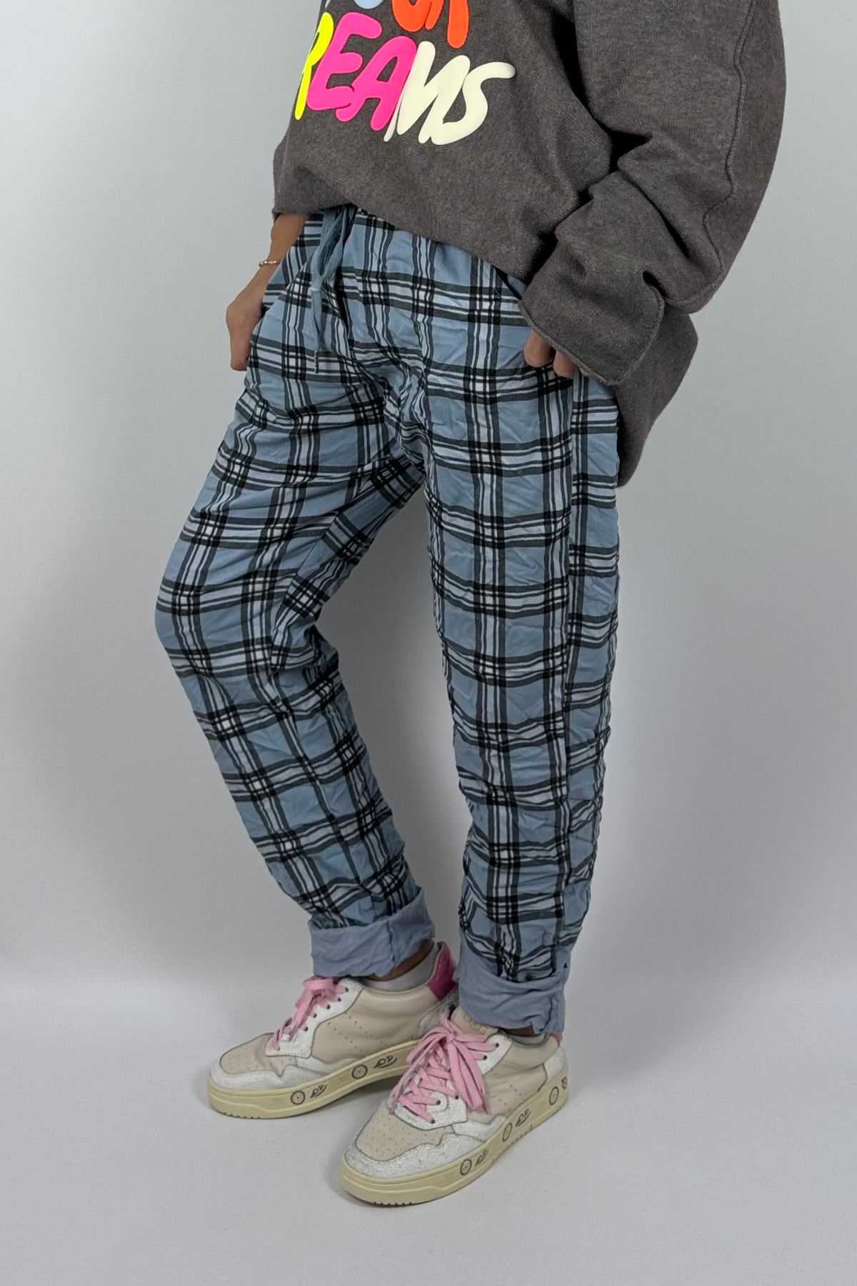 Damen Schlupfhose mit Karomuster- Blau