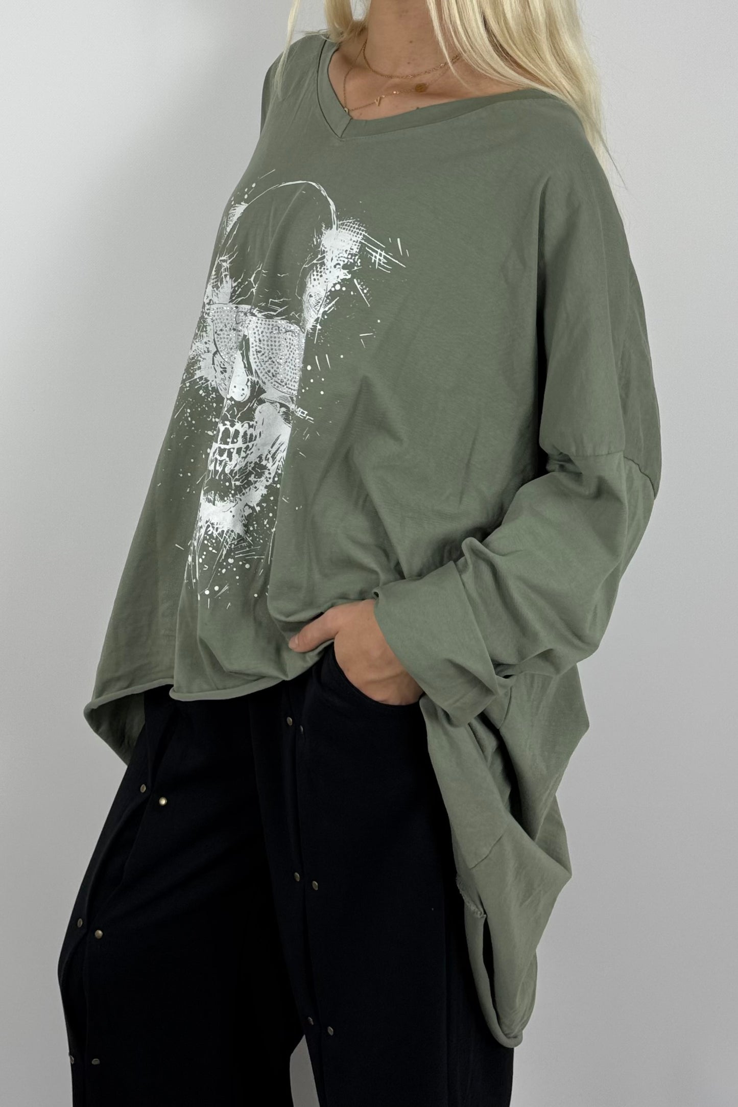 Oversize Damen Shirt mit Totenkopf-Print-Khaki