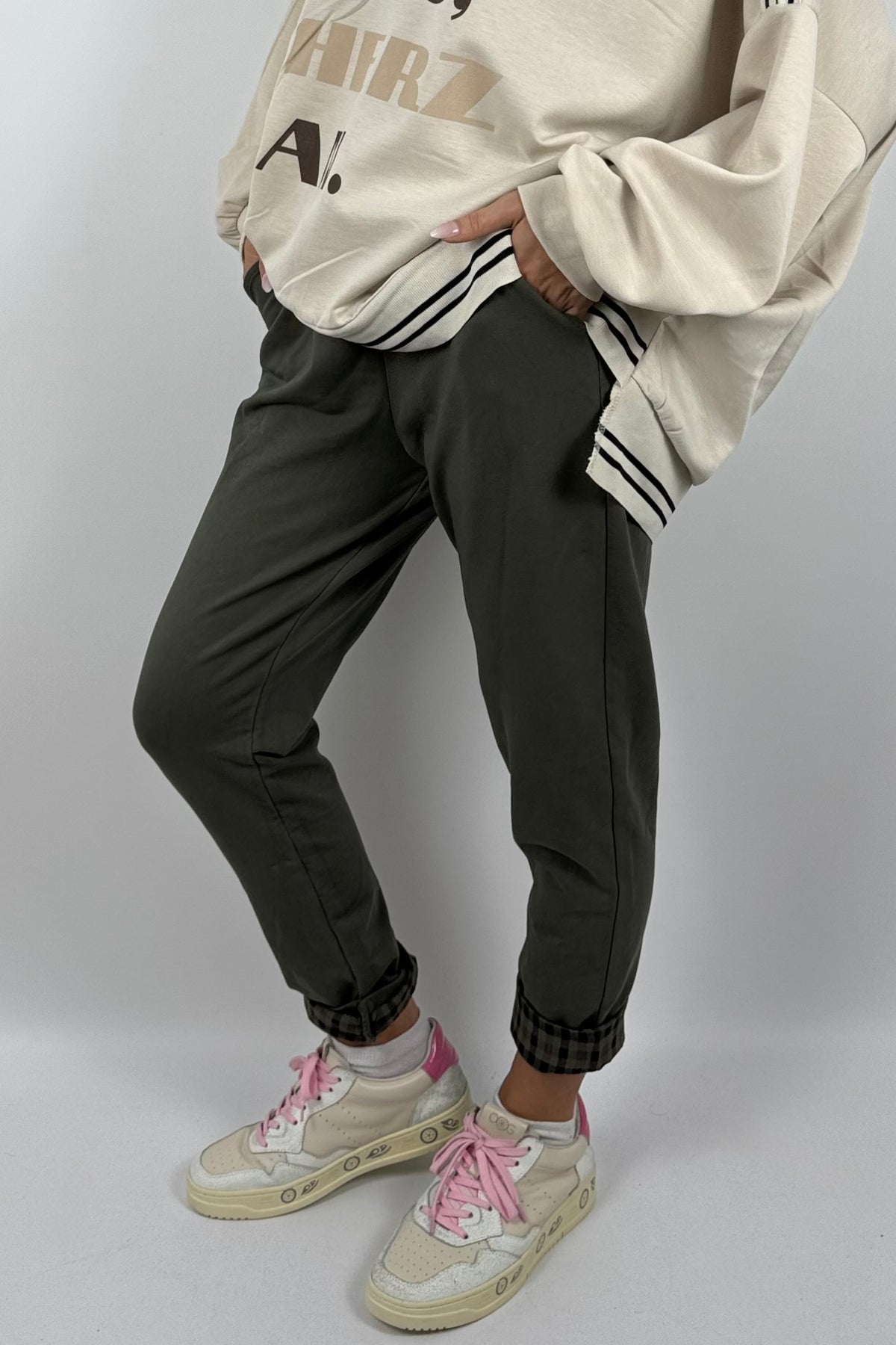 Damenhose mit Karomuster-Details & Bindegürtel-Khaki