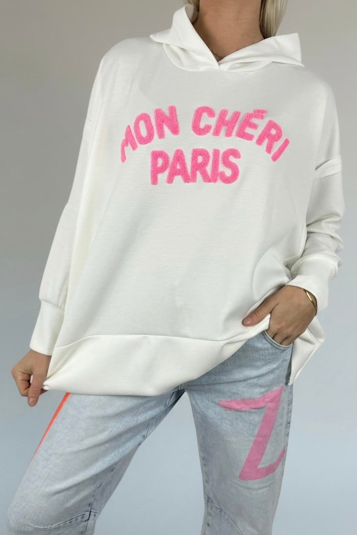 Oversize Hoodie „Mon Chéri Paris“-Weiß