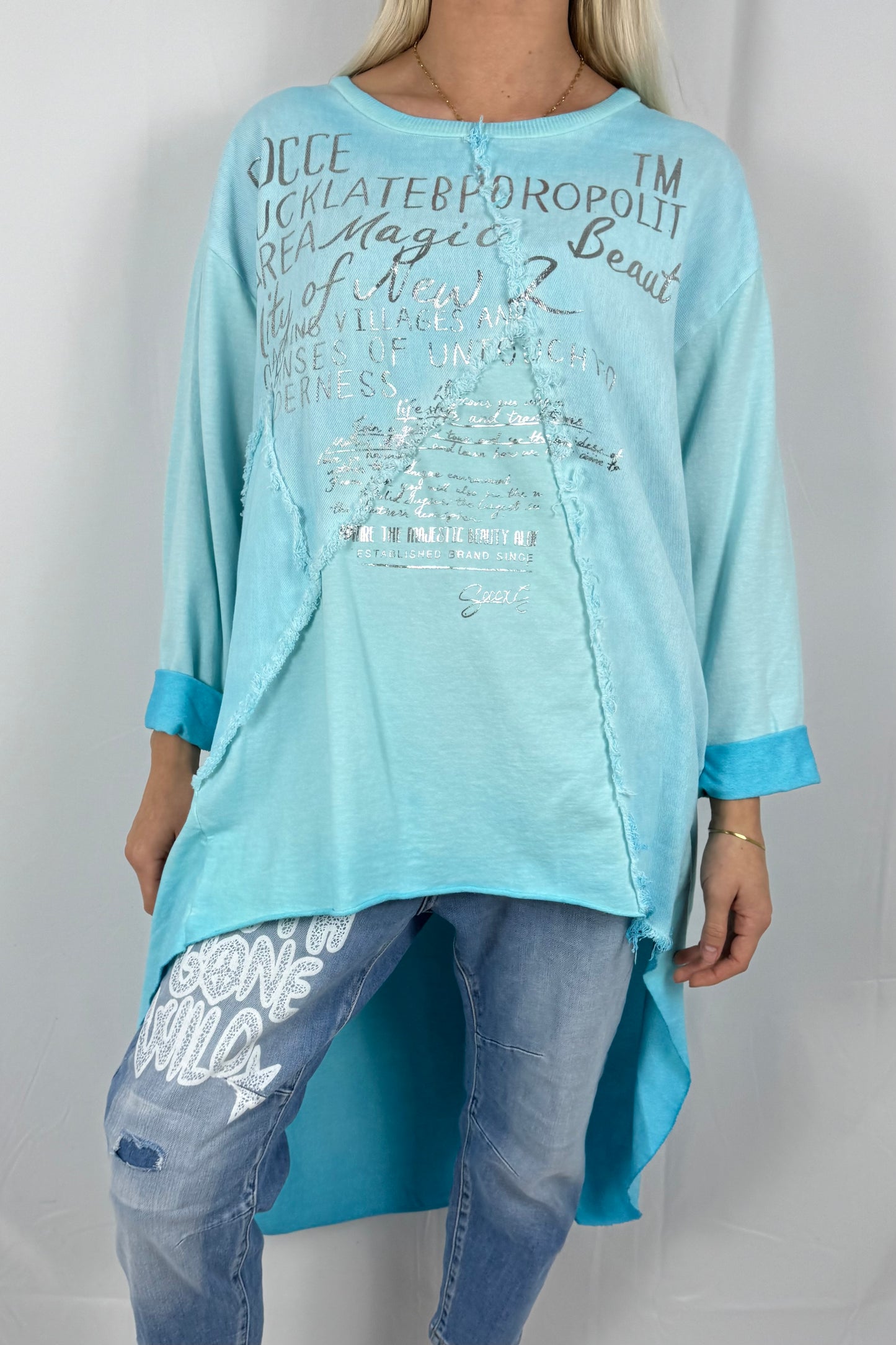 Damen Oversize Longshirt mit Schrift Print-Türkis