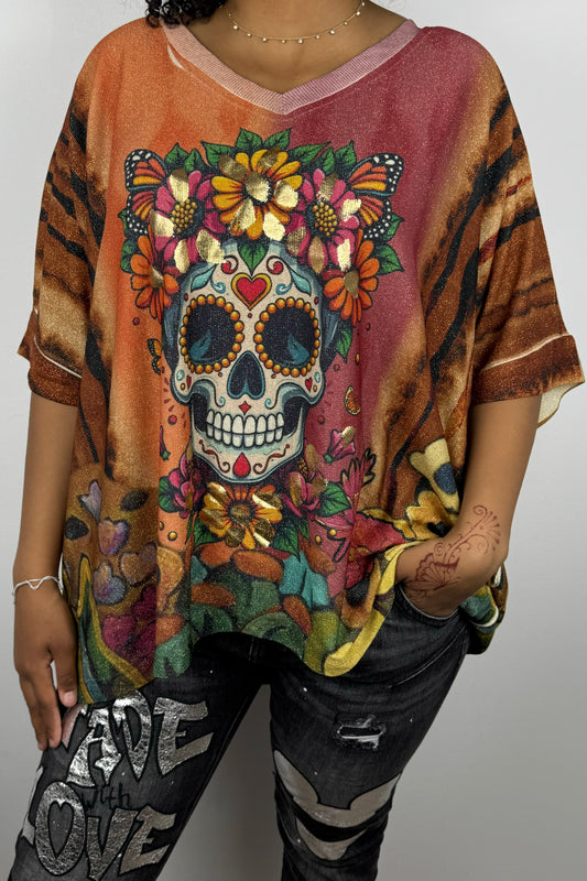 Boho Oversize-Shirt mit Skull, Tigerstreifen & Blumen