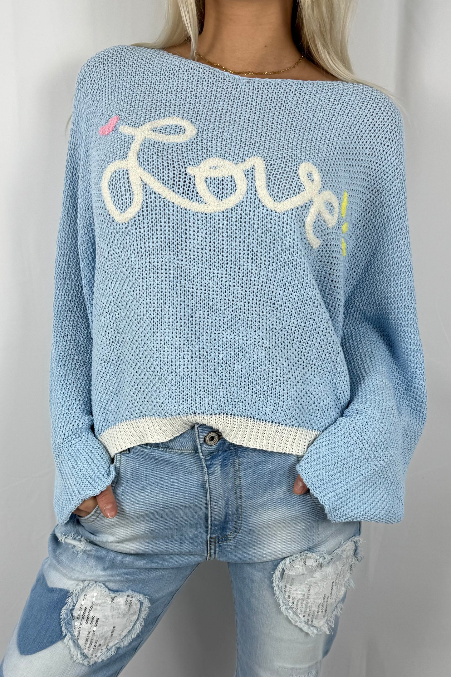 Damen Strickpullover „Love“ Oversize-Hellblau
