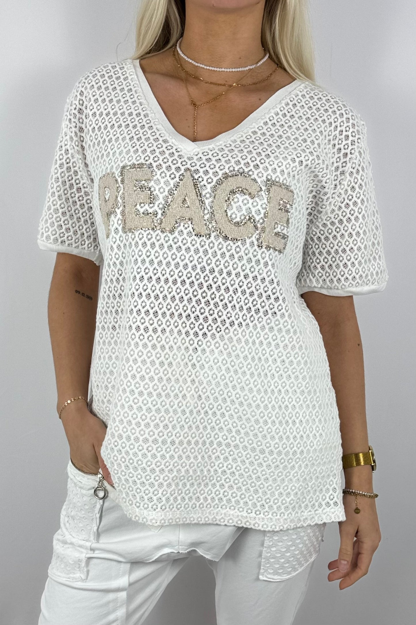 Netz-Shirt „PEACE“ mit Strass-Applikation-Weiß