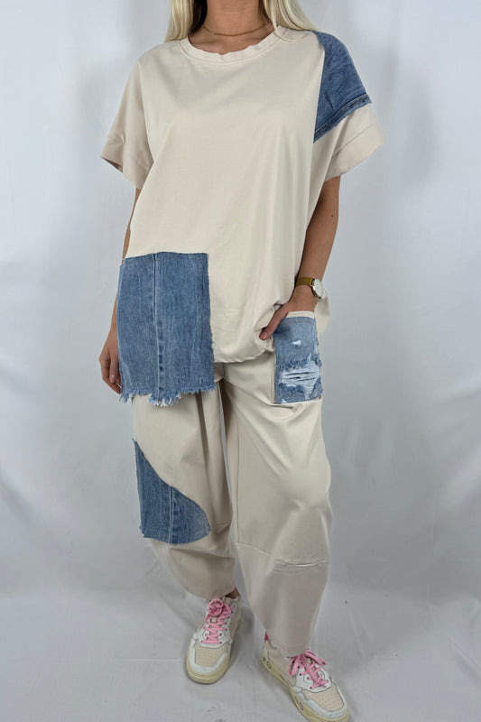 Damen Zweiteiler Set mit Denim Patch Details-Beige